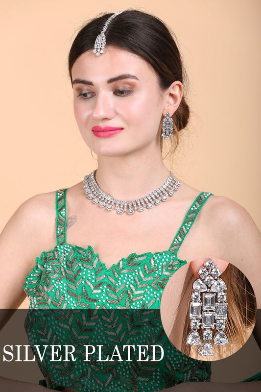 Shimmering Silver Premium Diamond Necklace Set