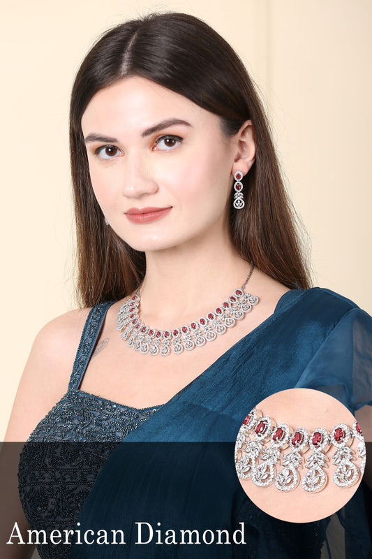 Stunning Red Ruby Silver Diamond Necklace