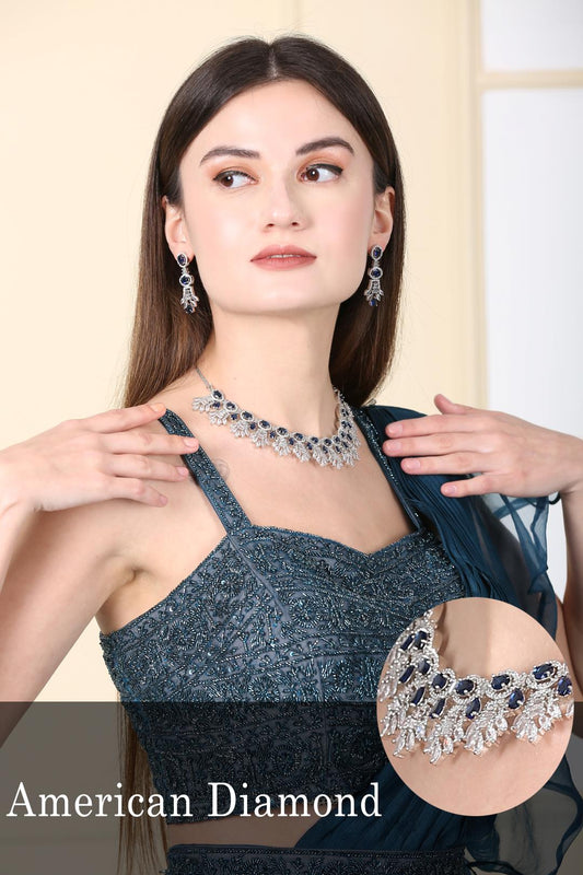 Elegant Blue Diamond Silver Plated Necklace Set
