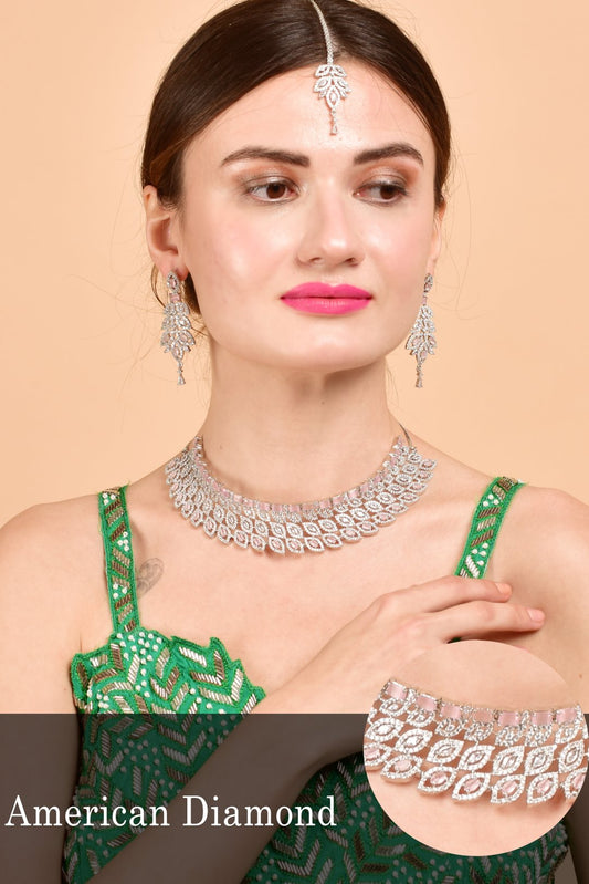 Zircon Pink Silver plated Choker Necklace Set