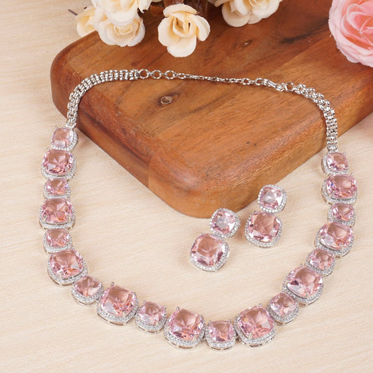 Exclusive Pink Doublet Silver Plated Necklace Set