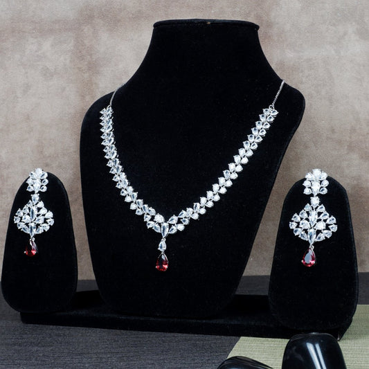 Dazzling Silver Red Ruby Stone Diamond Necklace