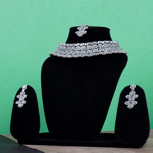 Radiant Silver Diamond Choker Necklace Set