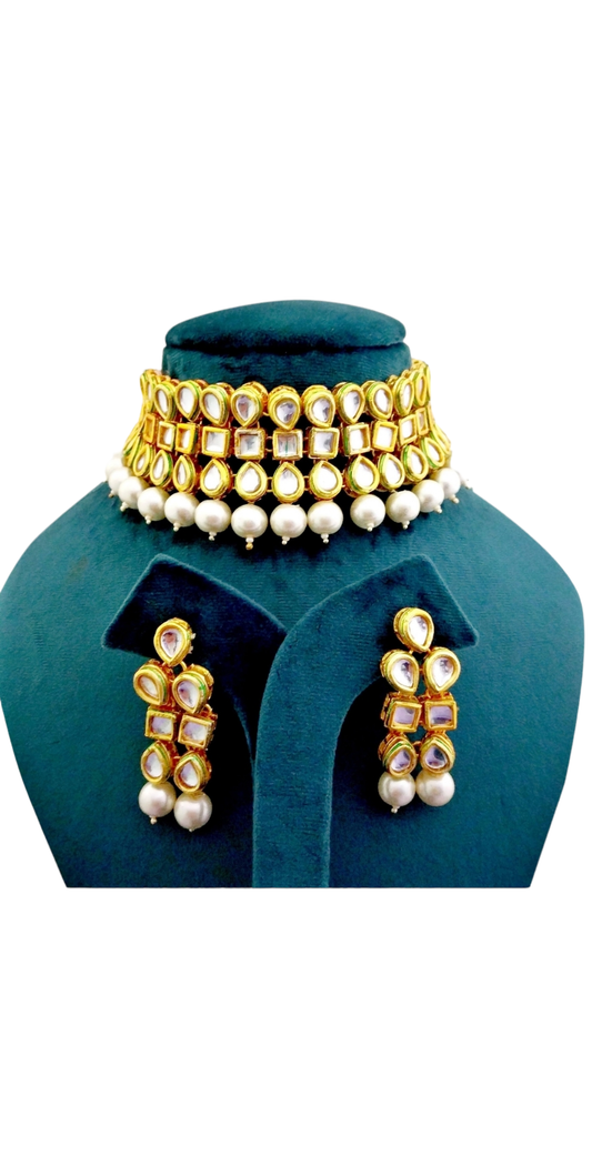 Gold Plated Kundan Choker Necklace Set with Earrings & off white Pearls