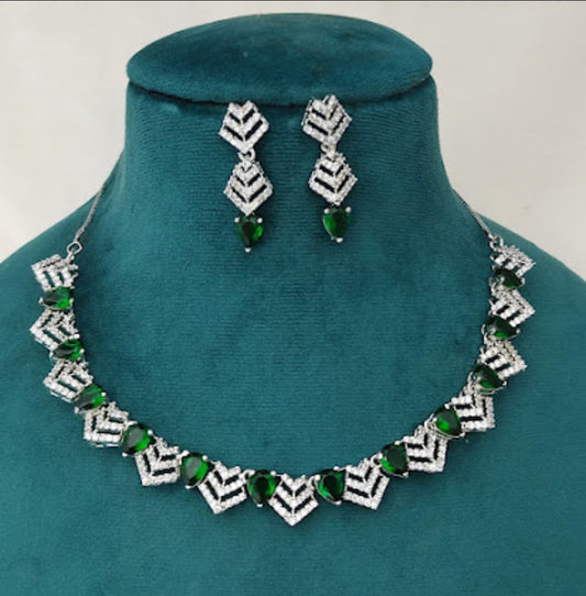 Sleek Silver Plated Green Diamond Necklace Set